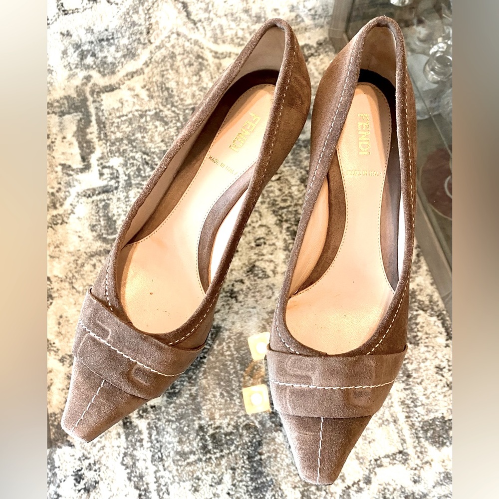 Fendi 37 1/2 suede, taupe,  kitten heal pumps. Worn twice. Leather inside & out!